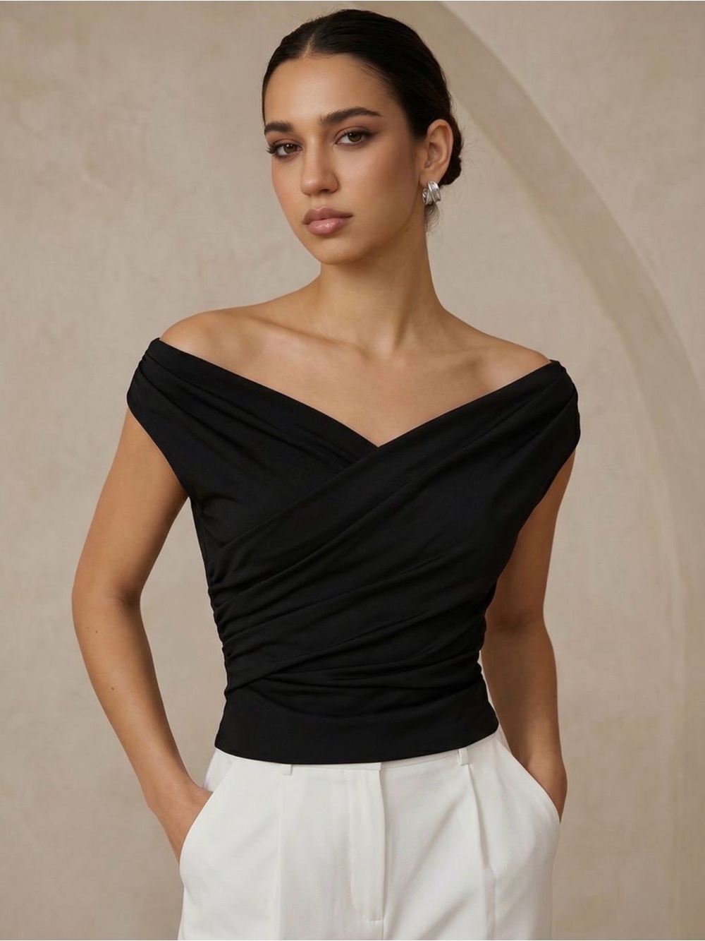 Commense Black Asymmetric Neckline Ruched Blouse